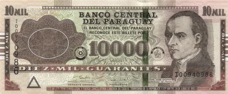 Anverso del billete paraguayo de 10.000 guaraníes
